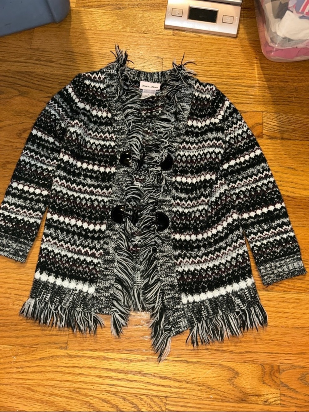 Girls Fringed Knit Cardigan Sweater - Black & White Pattern